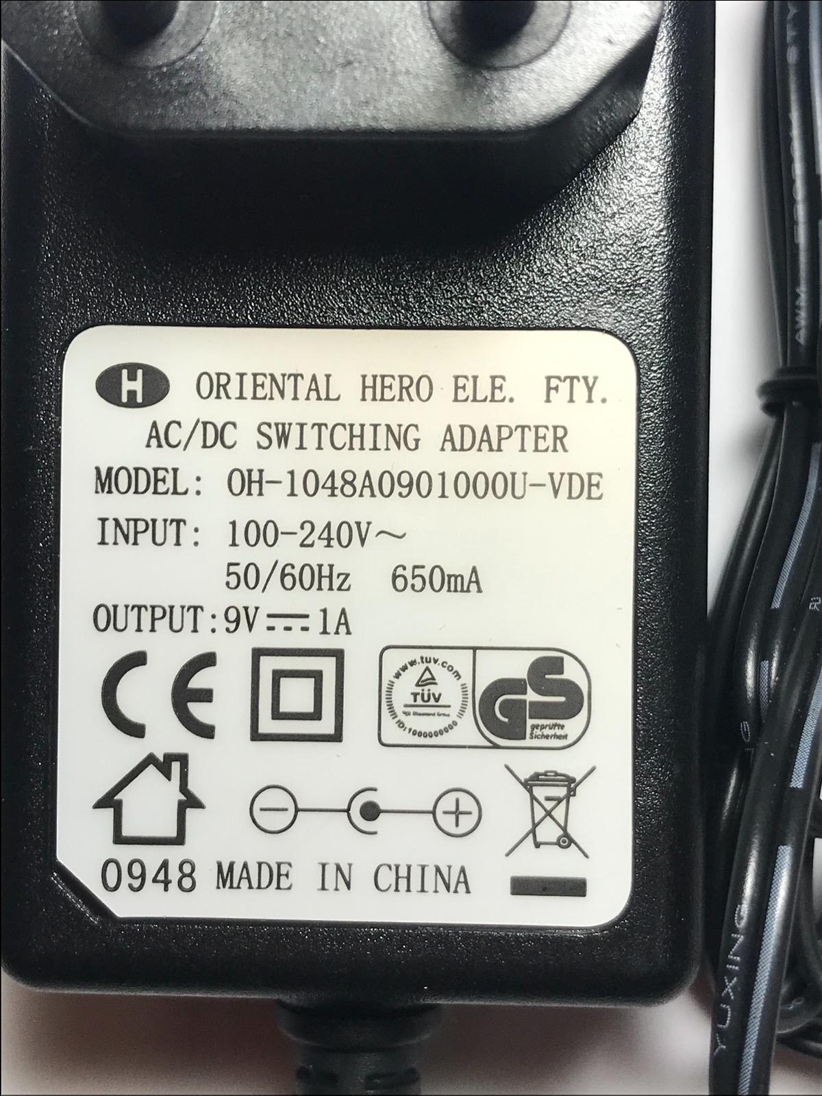 EU ORIENTAL HERO ELE 9V 1A AC/DC SWITCHING ADAPTER POWER SUPPLY 5.5MM X 2.1MM