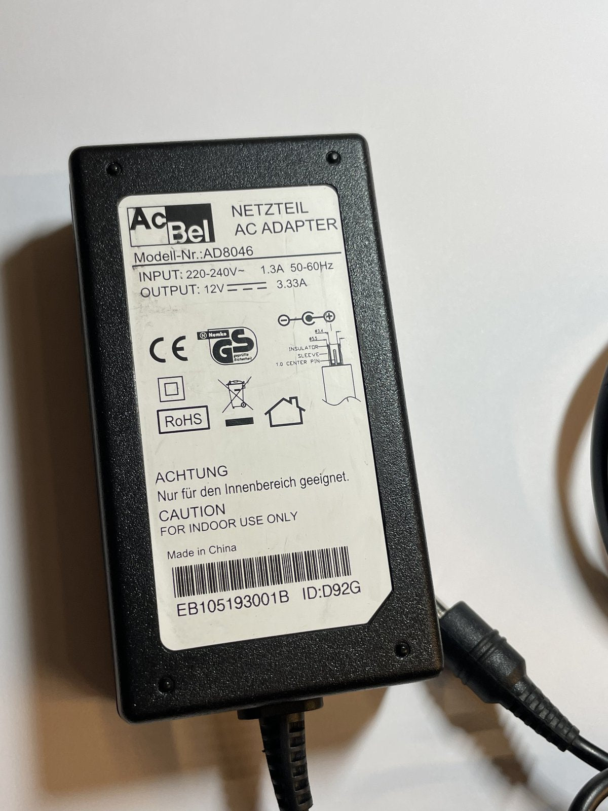 NETZTEIL AC ADAPTER ACBEL AD8046 12V 3.33A POWER SUPPLY + UK PLUG LEAD