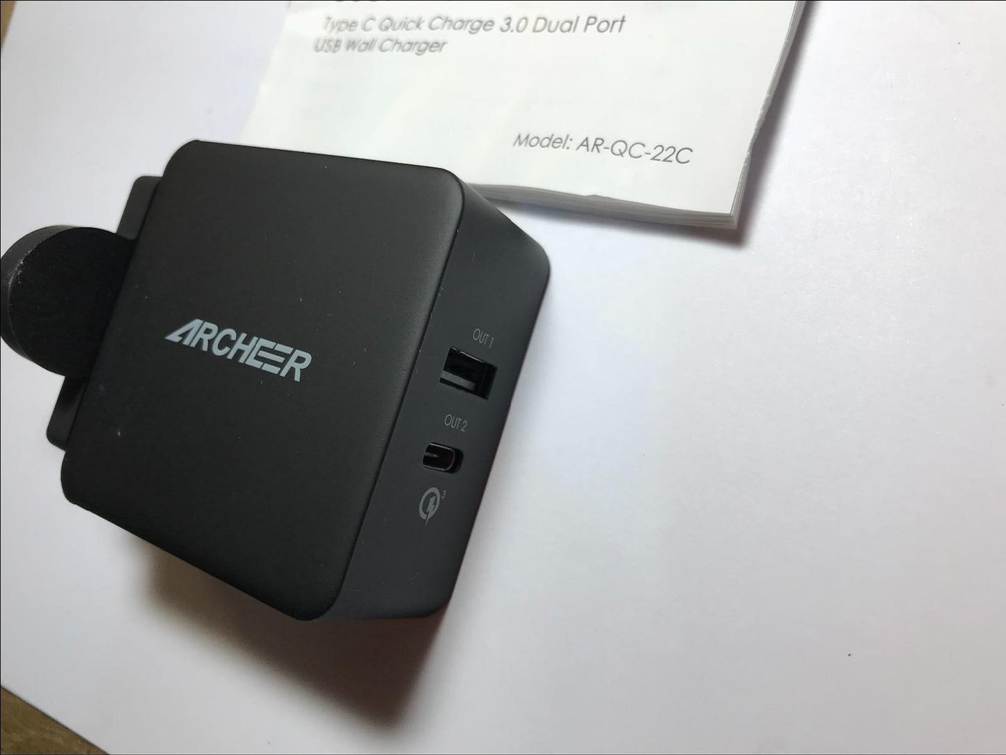 ARCHEER AR-QC-22C Qualcomm 3.0 Quick Charge USB USB-C UK Charger 30W 5V 2.4A
