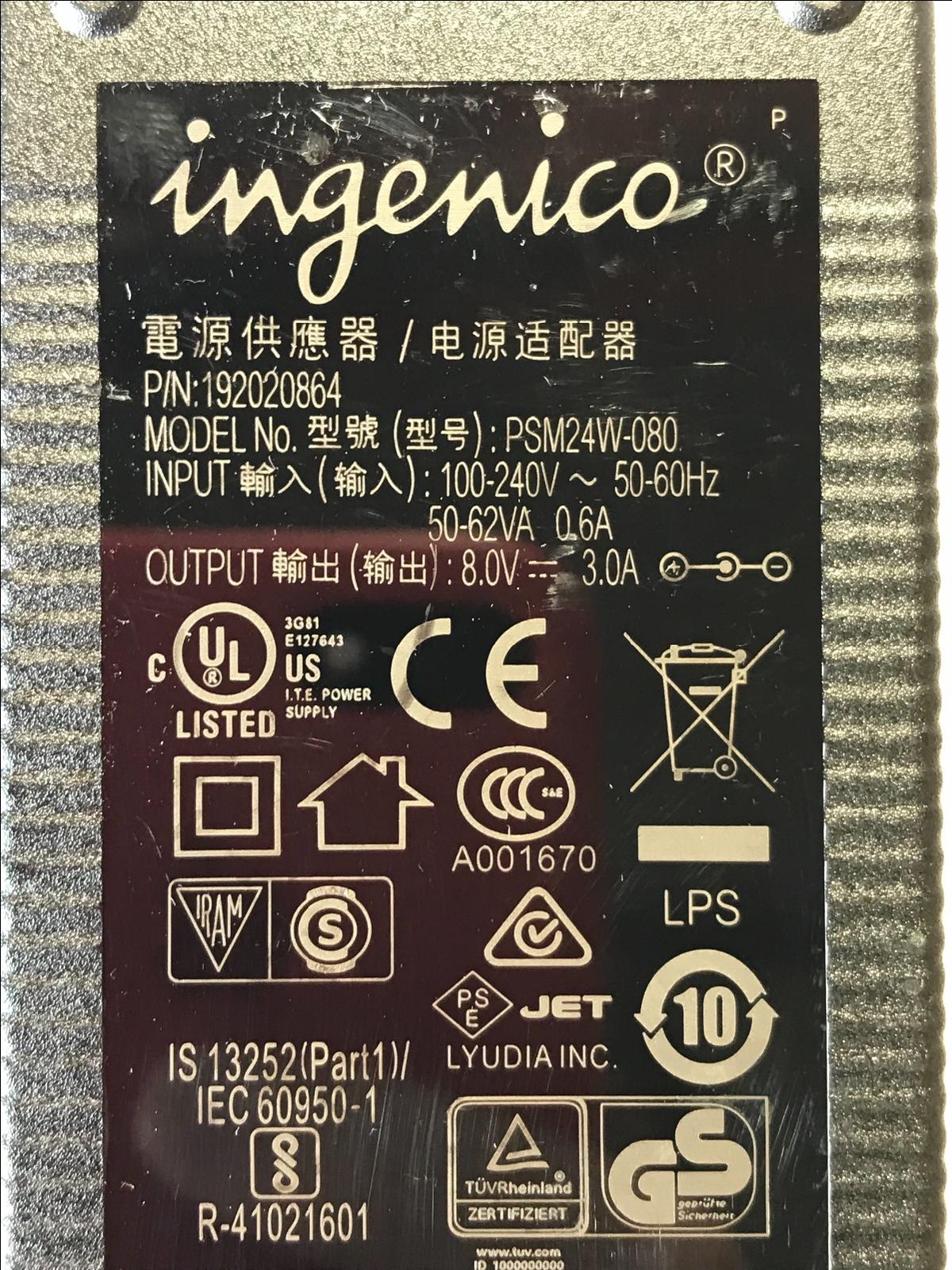 Genuine Ingenico P/N192020864 Model PSM24W-080 8.0V 3.0A AC Adaptor Power Supply
