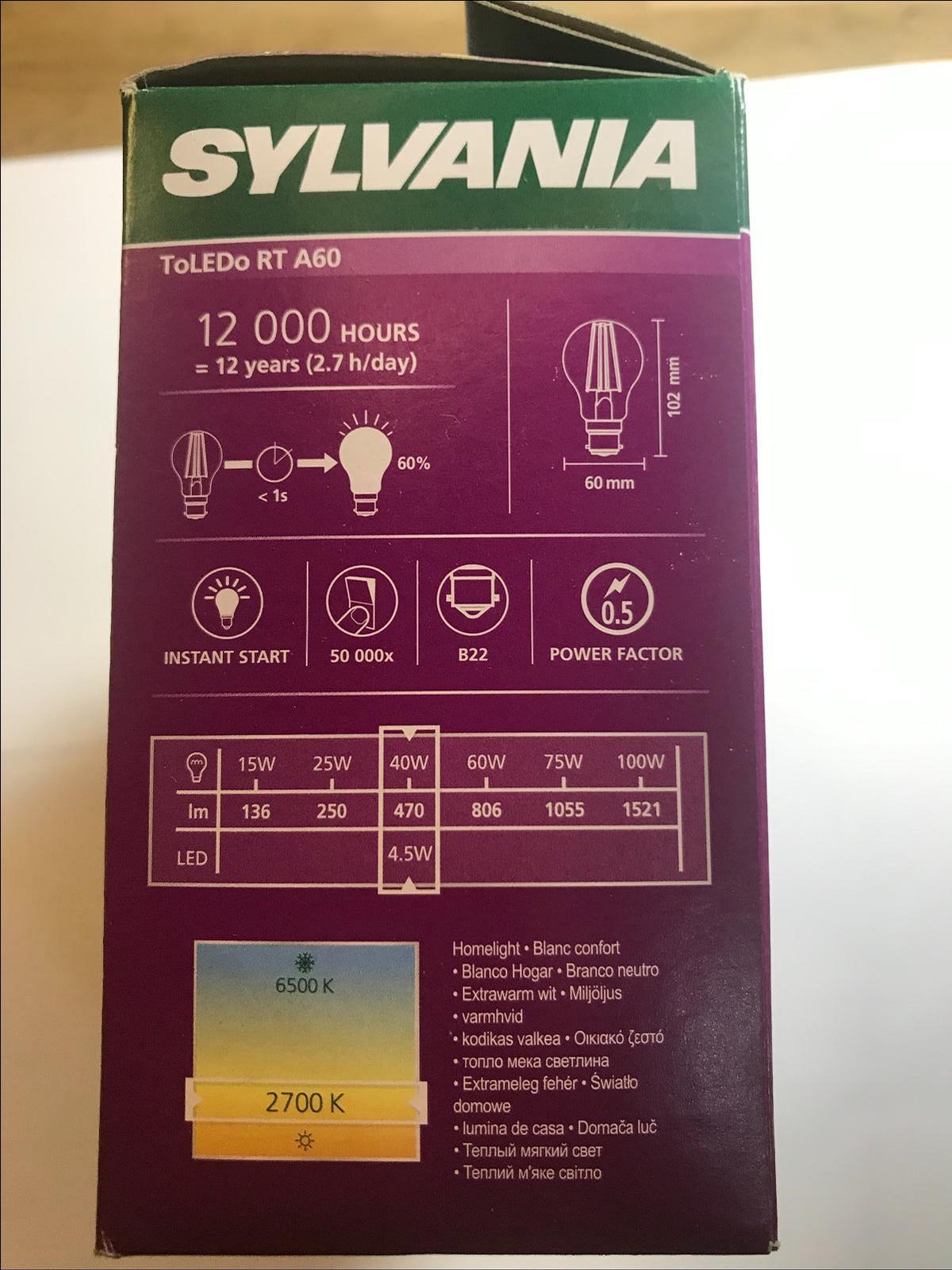 Pack of 4 Sylvania LED RT A60 Filament Clear GLS Lamp 4.5W BC (B22) 470lm