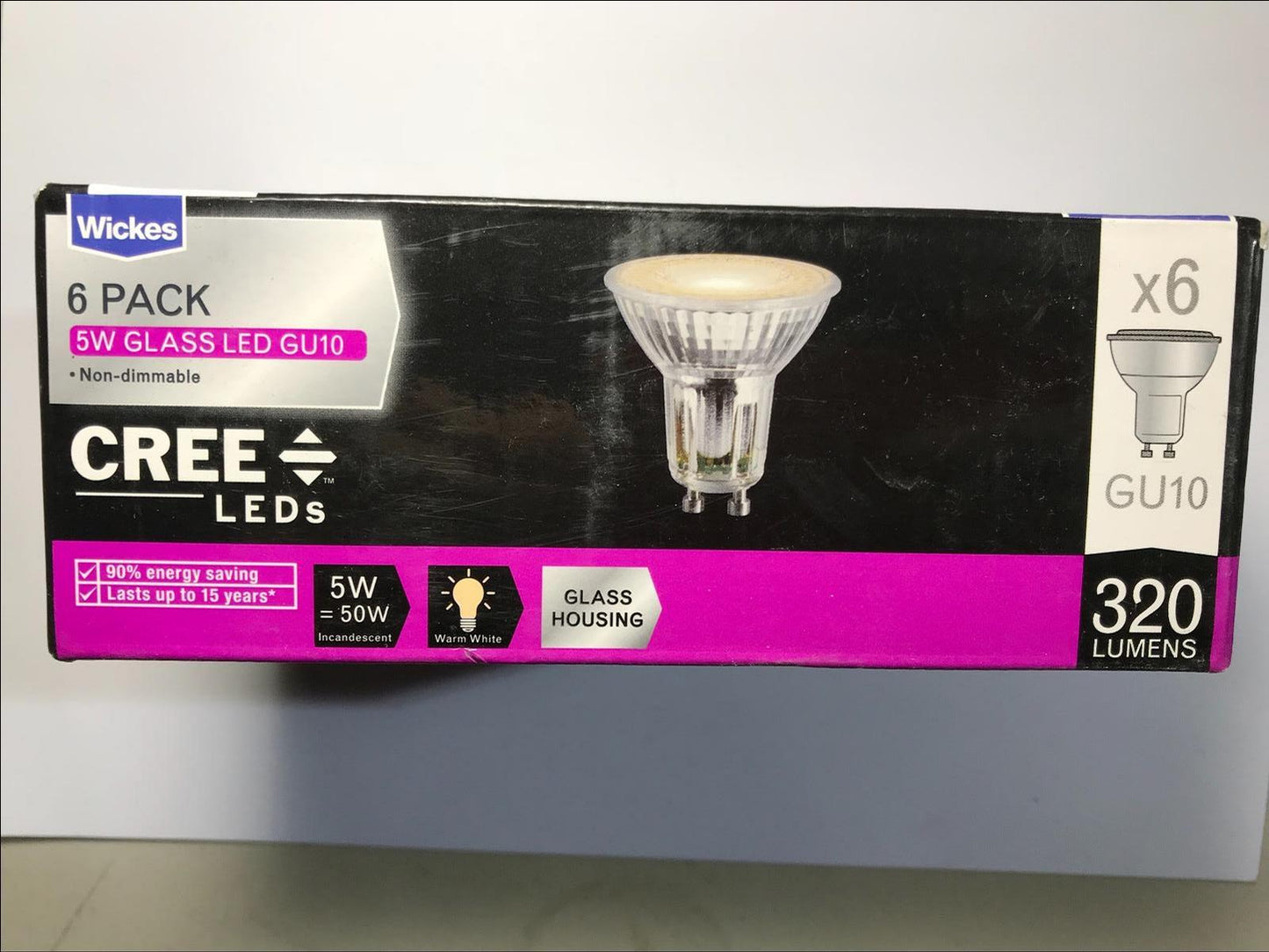 Wickes Cree LED Glass Housing 320lm Spot Light Bulb 5W = 50W GU10 Pack of 6
