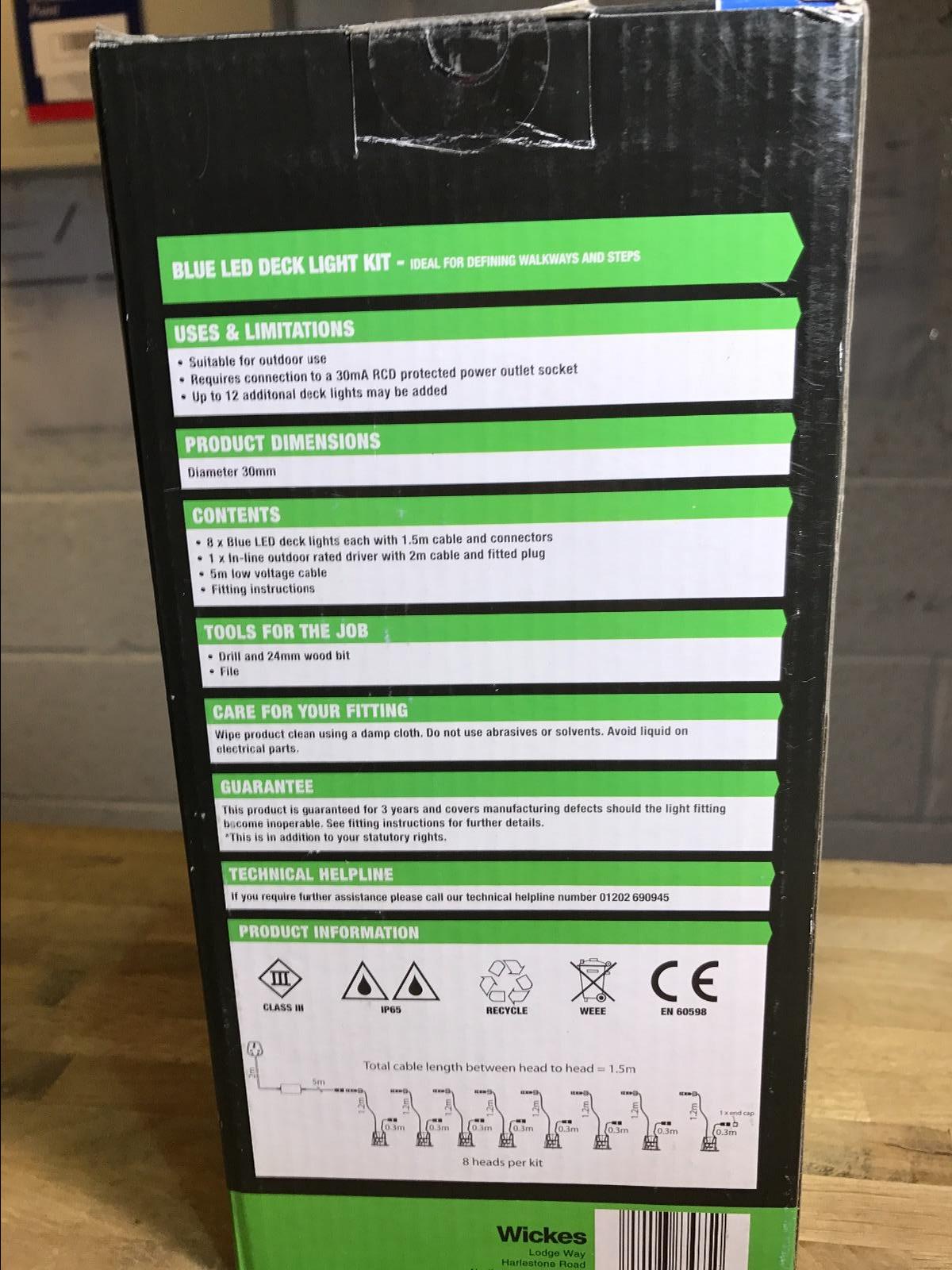 WICKES 8 X 30mm BLUE 12V LED OUTDOOR IP65 DECK DECKING LIGHT KIT 10.5M RUN