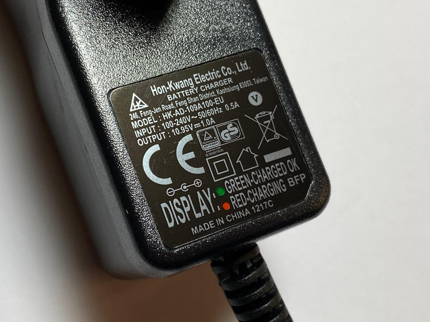 10.95V 1.0A Battery Charger HK-AD-109A100-EU for Razor Turbo Jetts 25173299