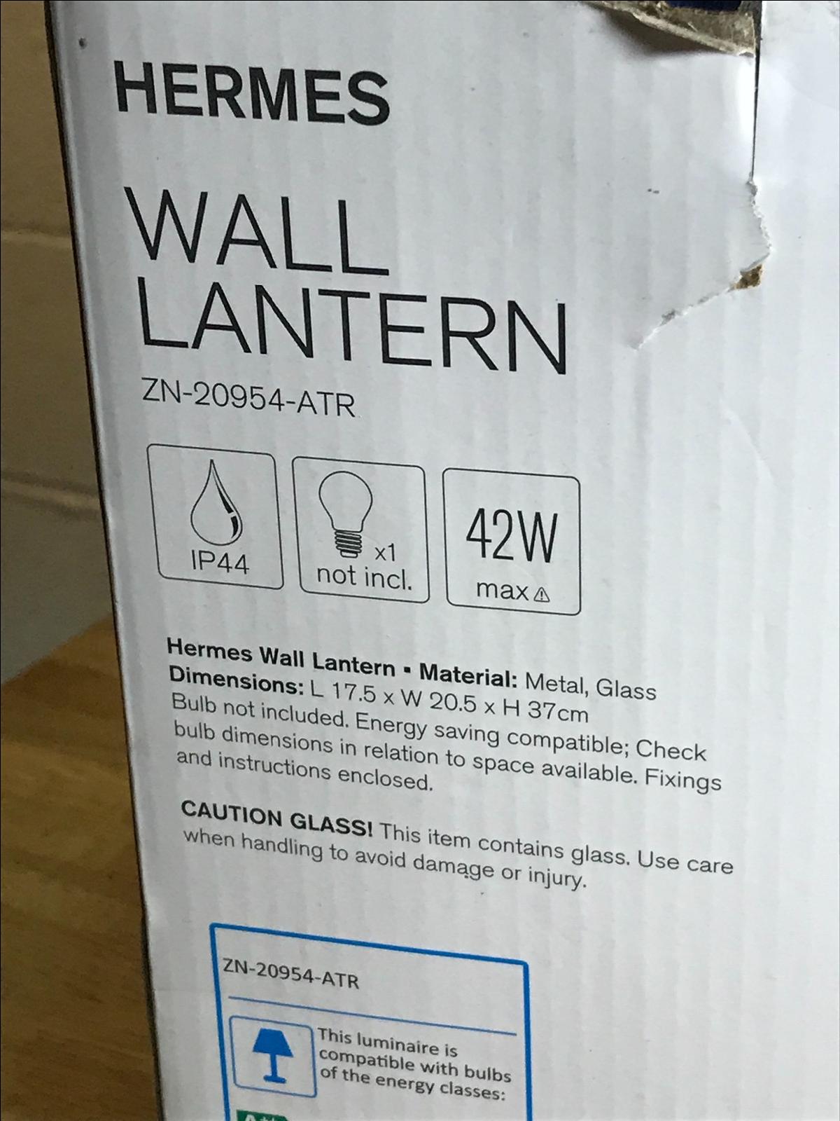 ZINC OUTDOOR HERMES WALL LANTERN ZN-20954-ATR IP44 E27 42W MAX 37CM HIGH