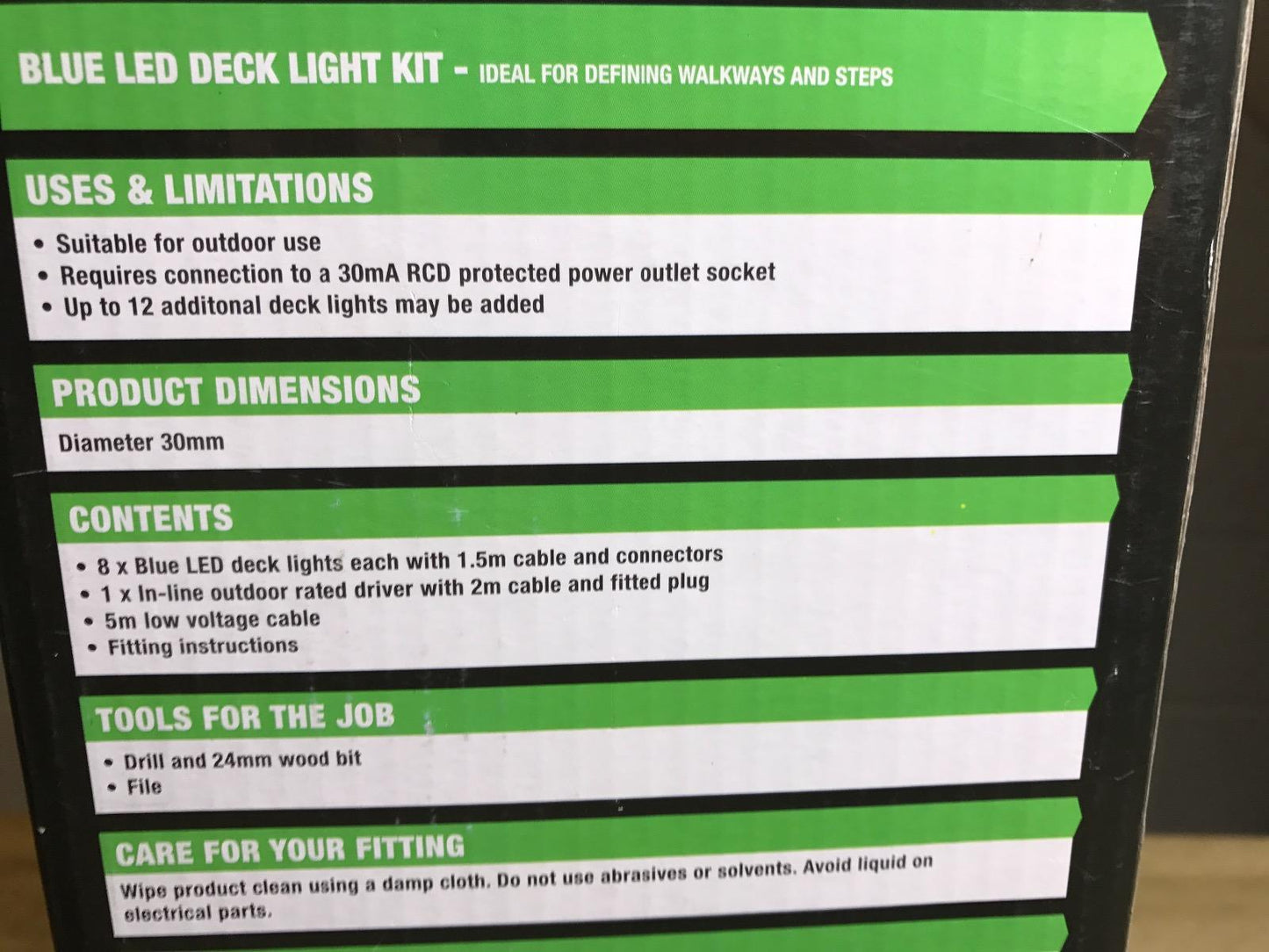 WICKES 8 X 30mm BLUE 12V LED OUTDOOR IP65 DECK DECKING LIGHT KIT 10.5M RUN