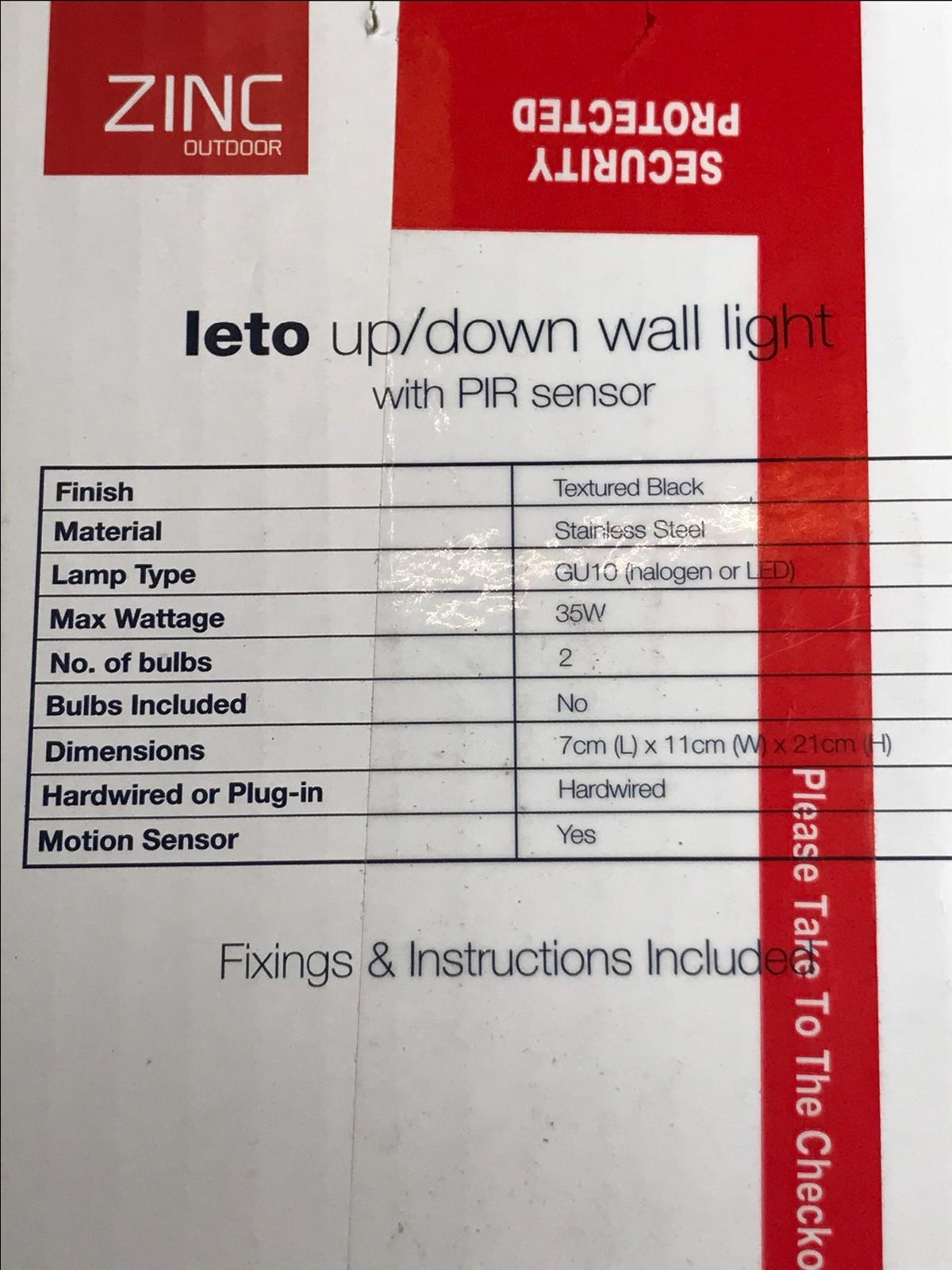 ZINC OUTDOOR LETO UP/DOWN WALL LIGHT WITH PIR SENSOR TEXTURED BLACK ZN-29179-BLK