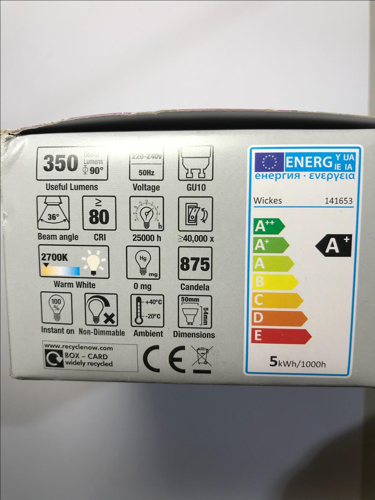 Box of 6 Wickes GU10 5W = 50W LED 350 lumens Warm White Spot Light Bulb A+