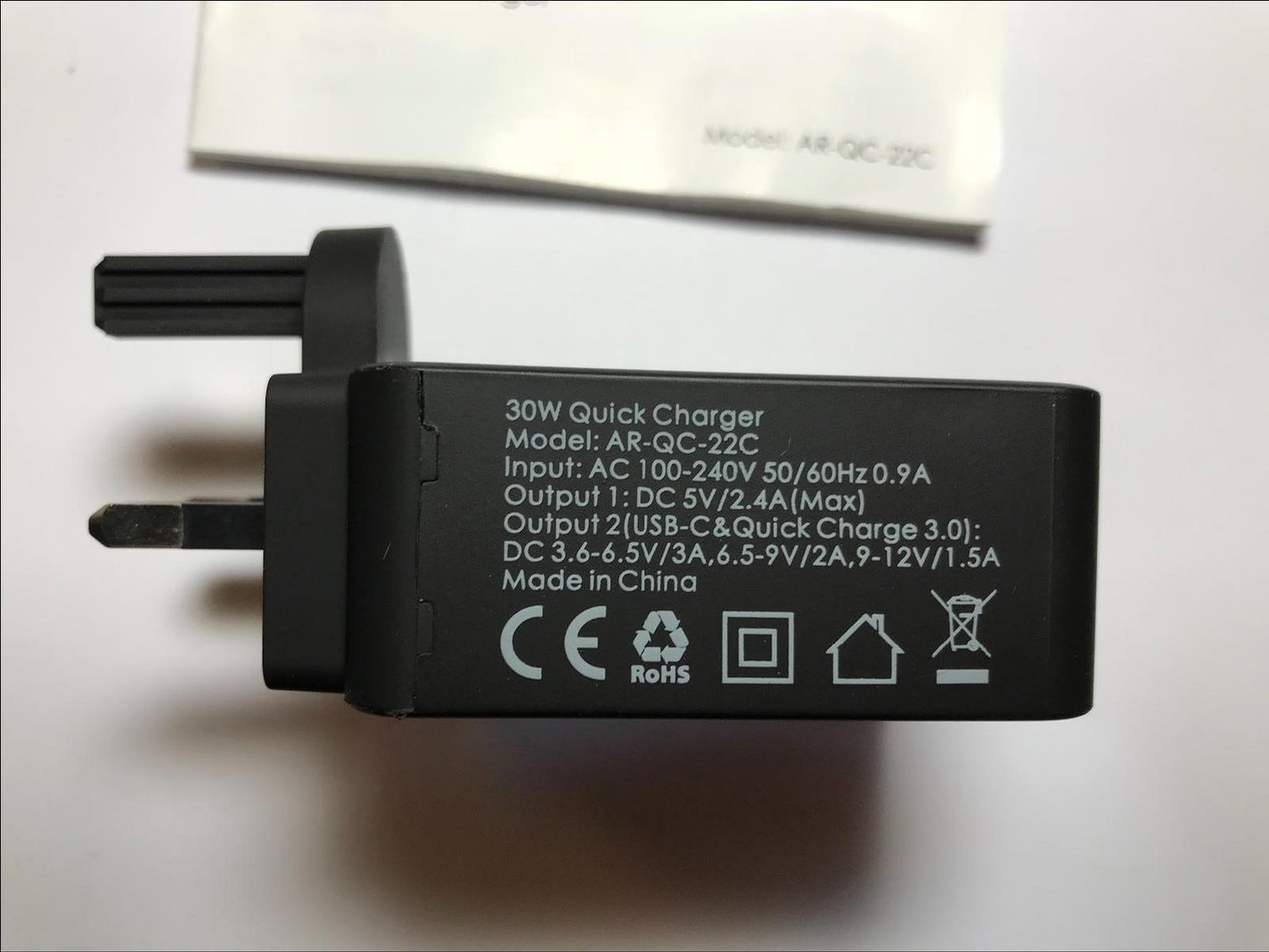 ARCHEER AR-QC-22C Qualcomm 3.0 Quick Charge USB USB-C UK Charger 30W 5V 2.4A
