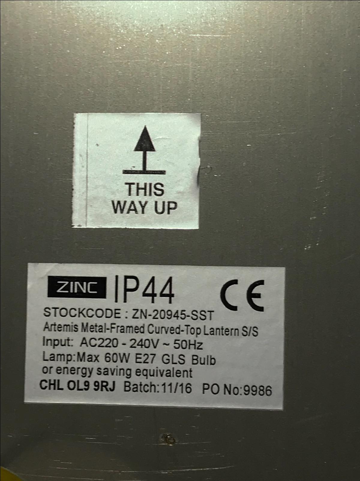 EX DISPLAY Zinc Single Curved Lantern Wall Fitting Stainless Steel ZN-20945-SST