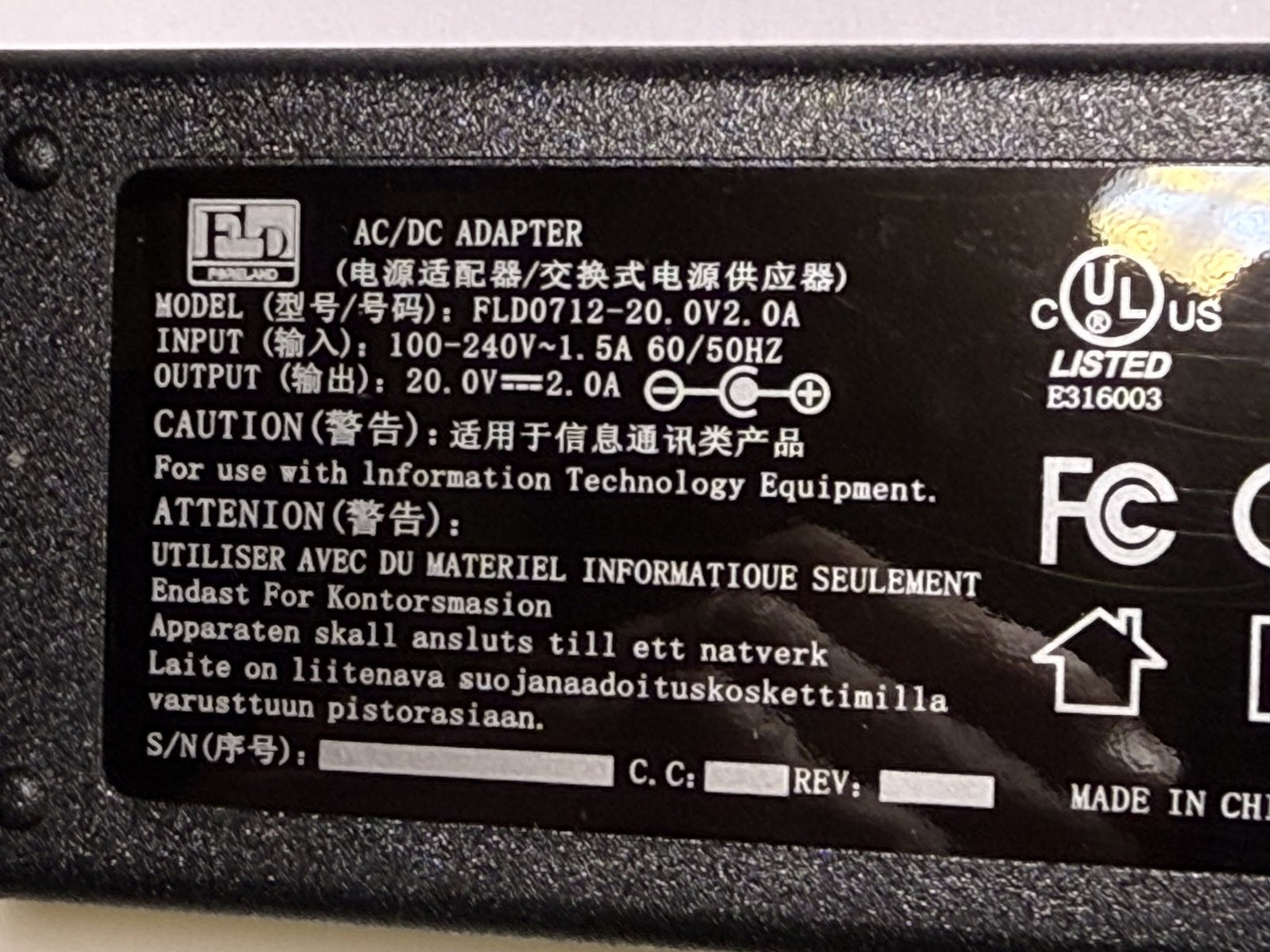 Replacement 20V 2A AC-DC Adaptor for Clear Reader ASM-1571-02758A LBL-00611