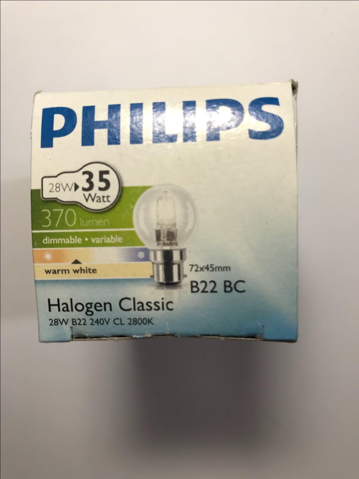 Philips 28W = 35W Dimmable Warm White BC B22 Halogen Classic Globe Light Bulb