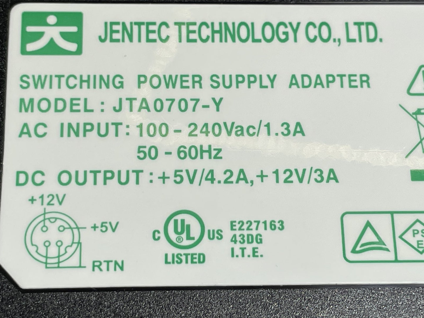 JENTEC TECHNOLOGY CO LTD SWITCHING POWER SUPPLY ADAPER JTA0707-Y 5V 4.2A 12V 3A