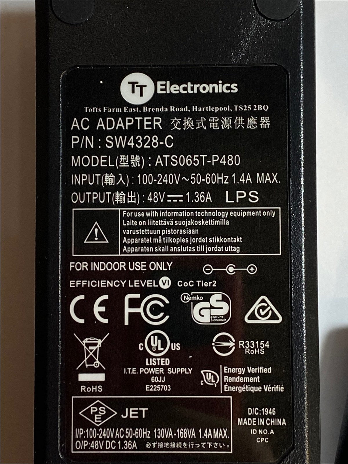 TT Electronics AC Adapter SW4328-C ATS065T-P480 48V 1.36A Power Supply